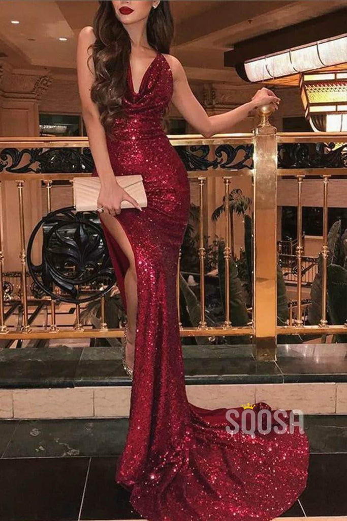 Burgundy Sequins Spaghetti Straps V-neck Mermaid Sparkle Prom Dress with Slit QP2121|SQOSA
