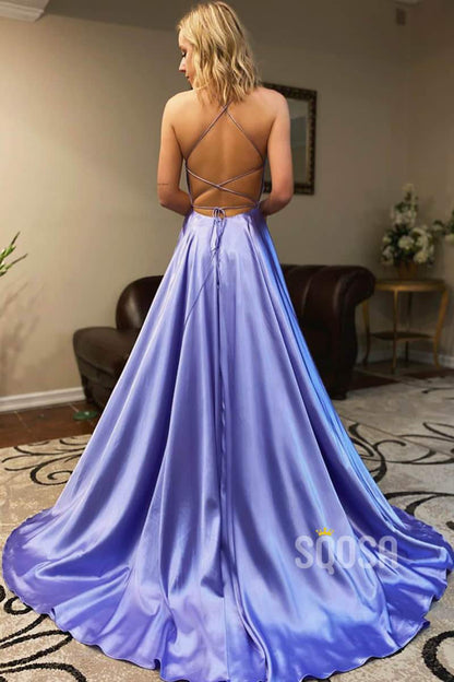 A-line Spaghetti Straps V-neck High Split Simple Prom Dress QP2131|SQOSA