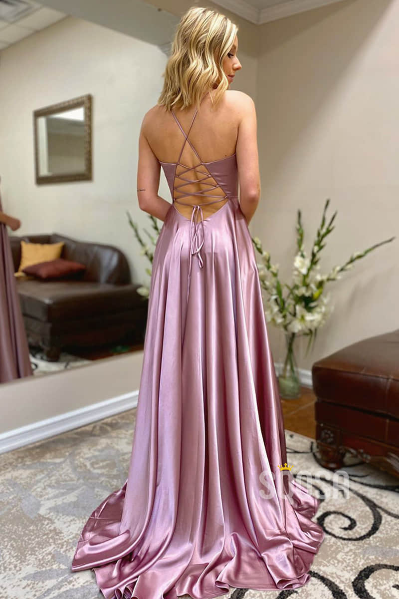 AA-line V-neck Spaghetti Straps High Split Long Prom Dress with Pockets QP2134|SQOSA