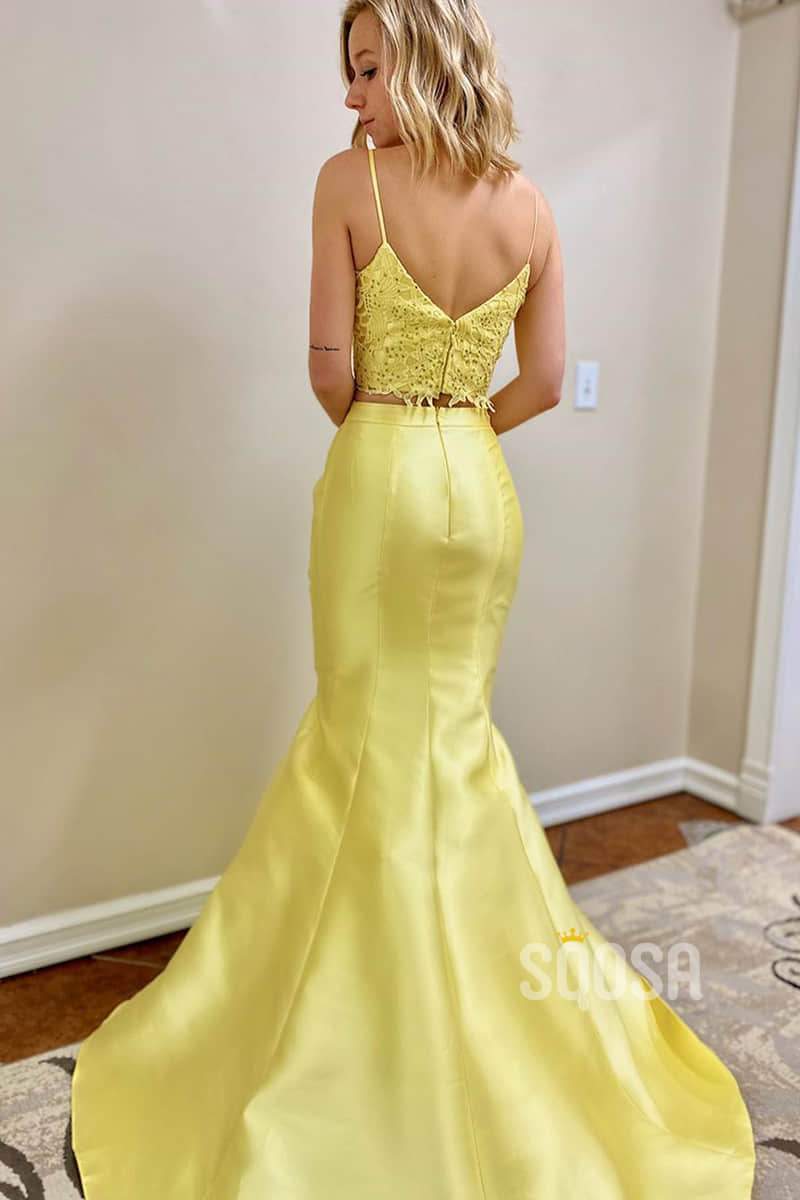 Yellow Satin Spaghetti Straps Lace Top Two Piece Prom Dress QP2141|SQOSA