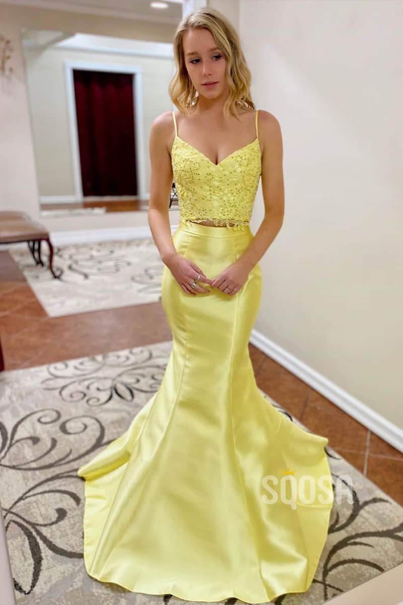 Yellow Satin Spaghetti Straps Lace Top Two Piece Prom Dress QP2141|SQOSA