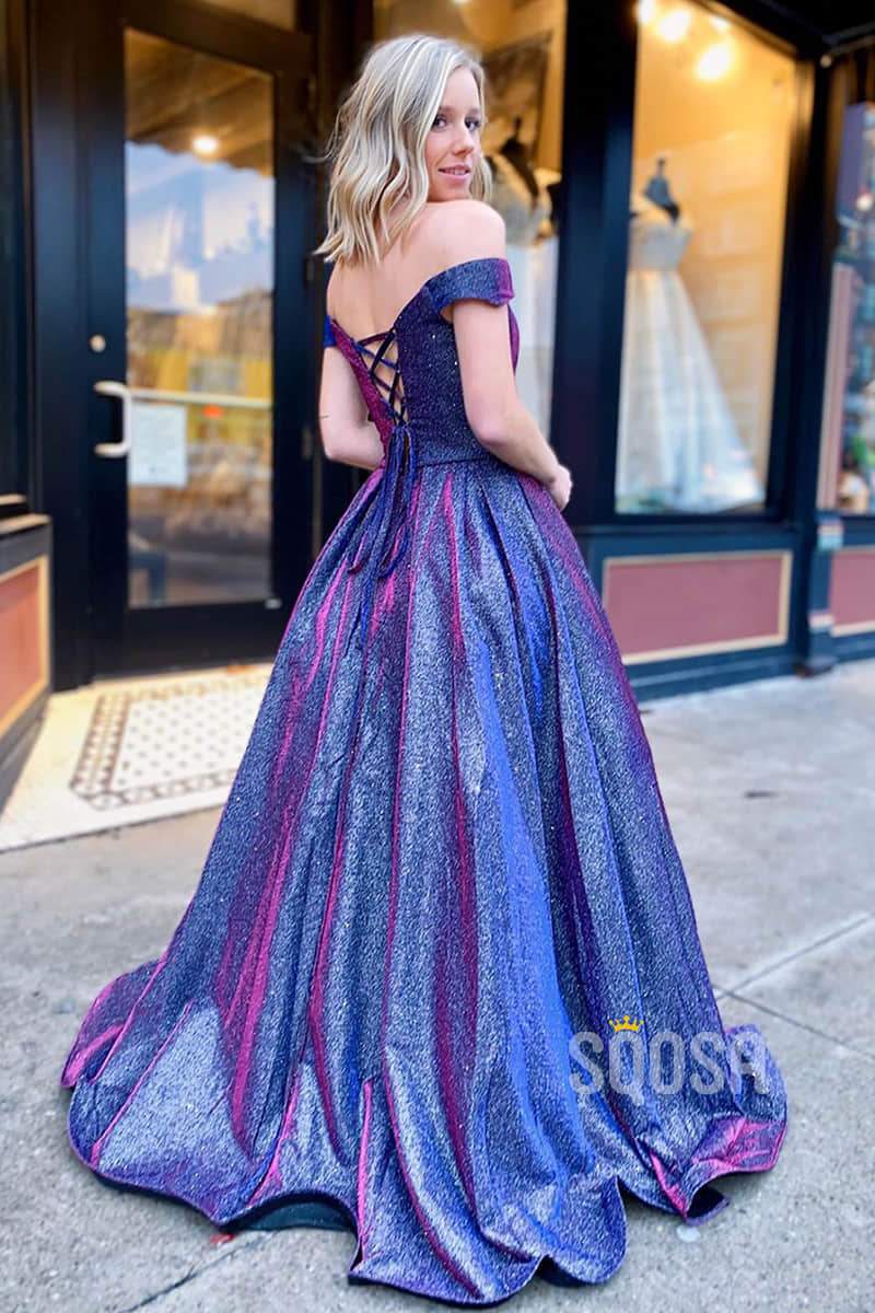 A-line Chic Off-the-Shoulder Sparkle Prom Dress with Pockets QP2146|SQOSA
