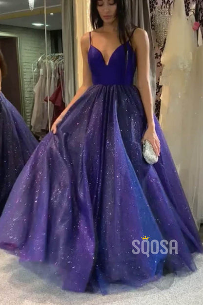 A-Line Spaghetti Straps V-neck Purple Sparkle Prom Dress QP2150|SQOSA