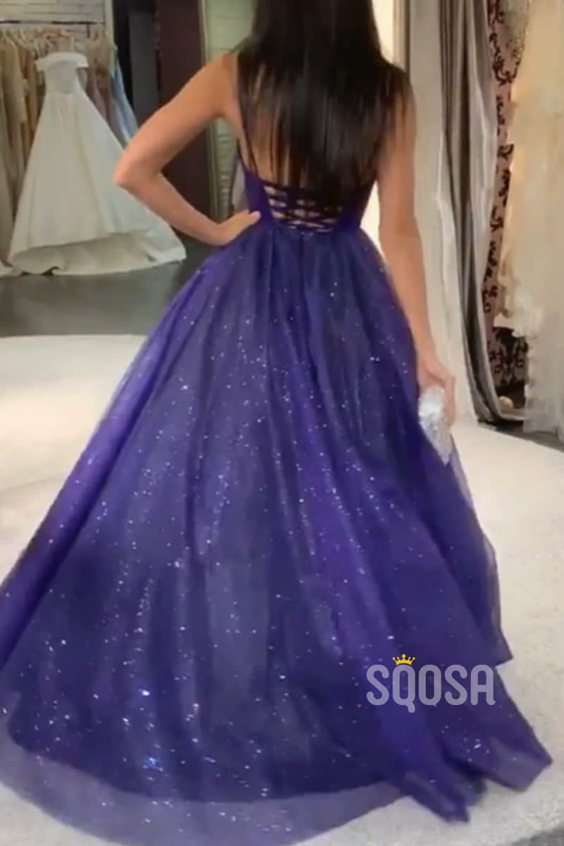 A-Line Spaghetti Straps V-neck Purple Sparkle Prom Dress QP2150|SQOSA