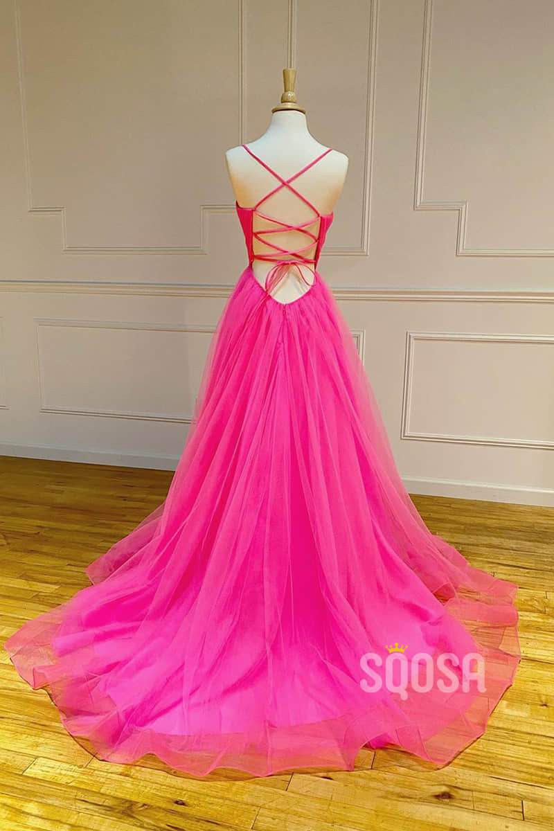 A-line Spaghetti Straps V-neck Fuchsia Tulle Long Prom Dress QP2151|SQOSA