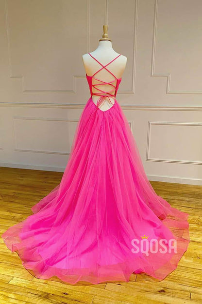 A-line Spaghetti Straps V-neck Fuchsia Tulle Long Prom Dress QP2151|SQOSA
