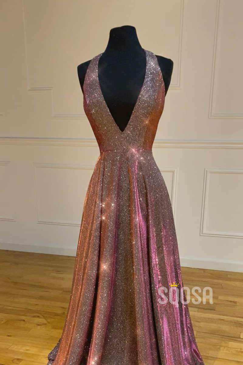 A-line Halter V-neck Sparkle Prom Dress Glitter Pageant Dress QP2153|SQOSA