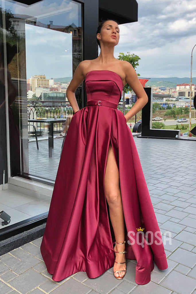 A-line Strapless Burgundy Satin High Split Long Prom Dress with Pockets QP2156|SQOSA