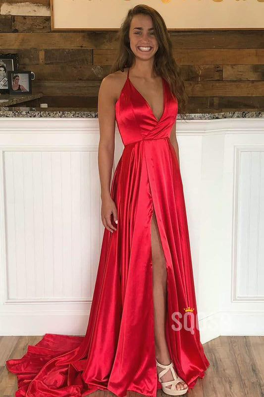 A-line Sexy V-neck Red Stretch Satin Long Senior Prom Dress with Slit QP2163|SQOSA