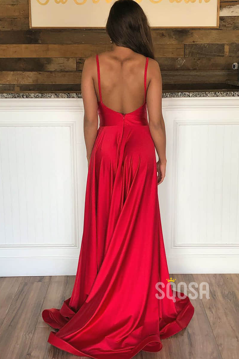 A-line V-neck Red Stretch Satin Long Senior Prom Dress with Slit QP2167|SQOSA