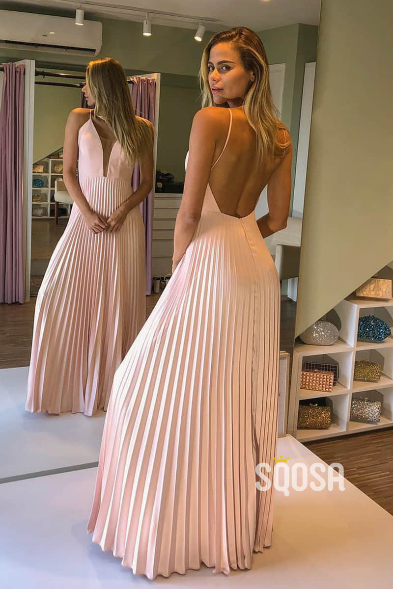 A-line Spaghetti Straps Pink Long Formal Evening Dress QP2371|SQOSA