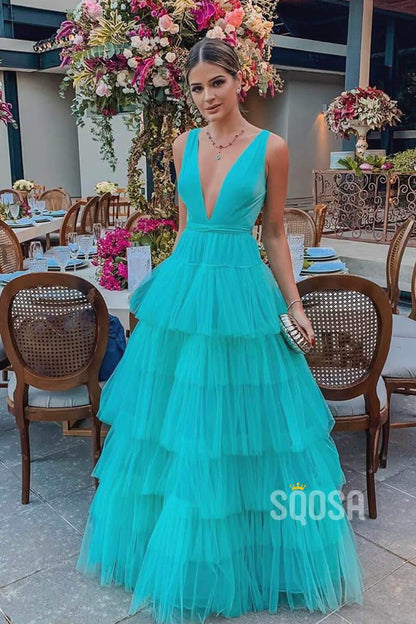A-line Attractive V-neck Tulle Tiered Long Prom Dress Formal Evening Gowns QP2184|SQOSA