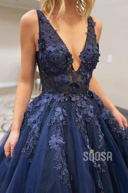 A-line Navy Tulle Appliques with Beadings Long Senior Prom Dress QP2189|SQOSA