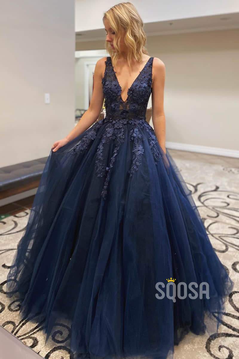 A-line Navy Tulle Appliques with Beadings Long Senior Prom Dress QP2189|SQOSA