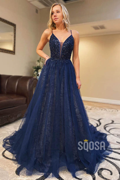 A-line Navy Blue Tulle Beaded Spaghetti Straps Long Prom Dress QP2190|SQOSA