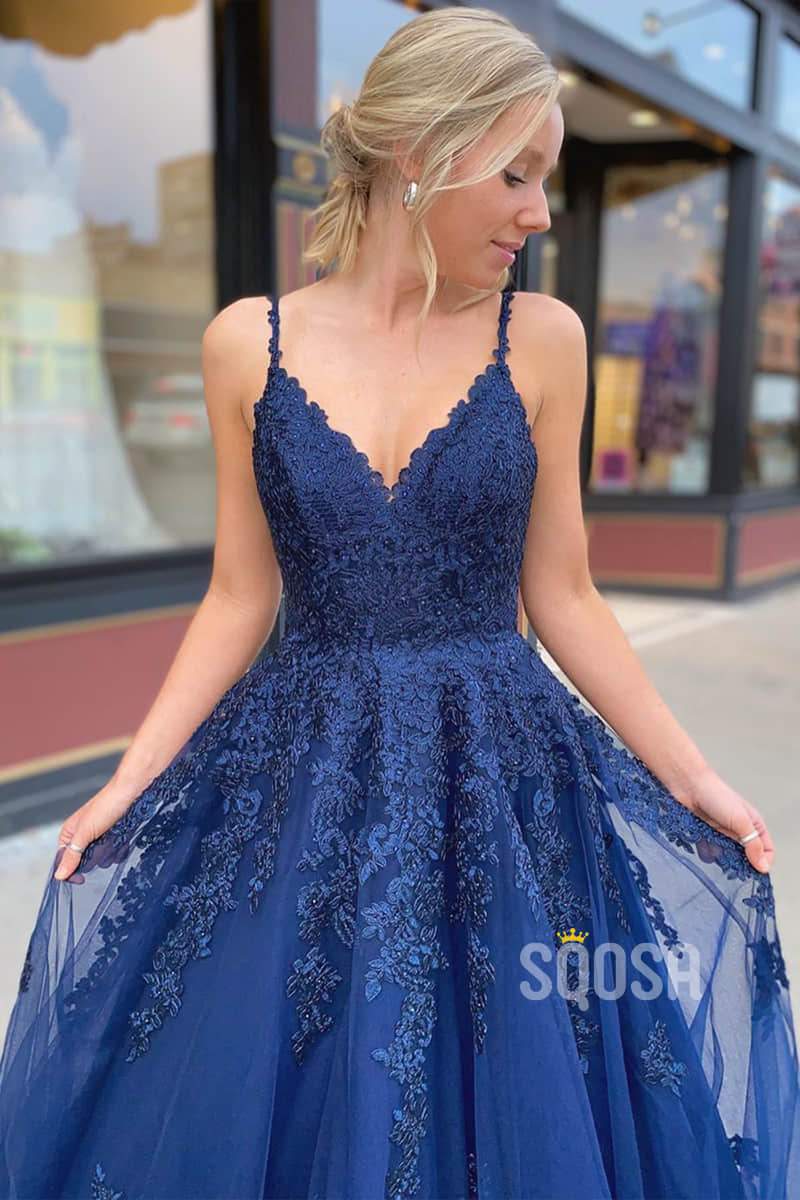 A-line Navy Blue Tulle Appliques Long Prom Dress Formal Evening Gowns QP2191|SQOSA