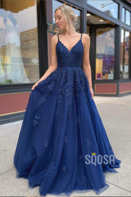 A-line Navy Blue Tulle Appliques Long Prom Dress Formal Evening Gowns QP2191|SQOSA