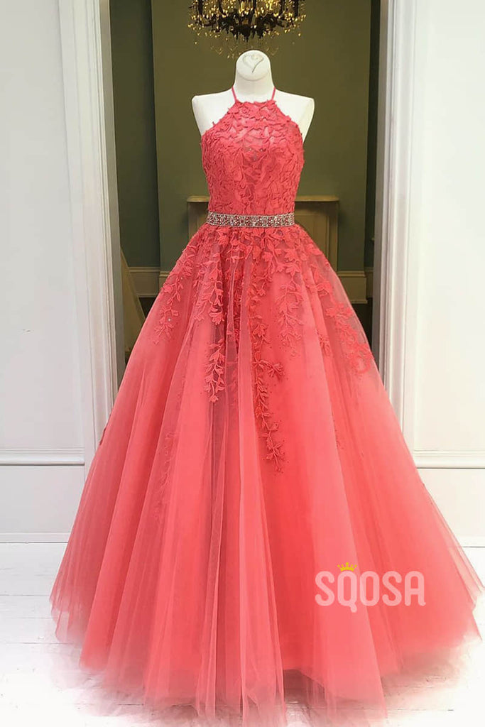 A-Line Chic Halter Tulle Appliques Long Prom Dress Formal Evening Gowns QP2192|SQOSA