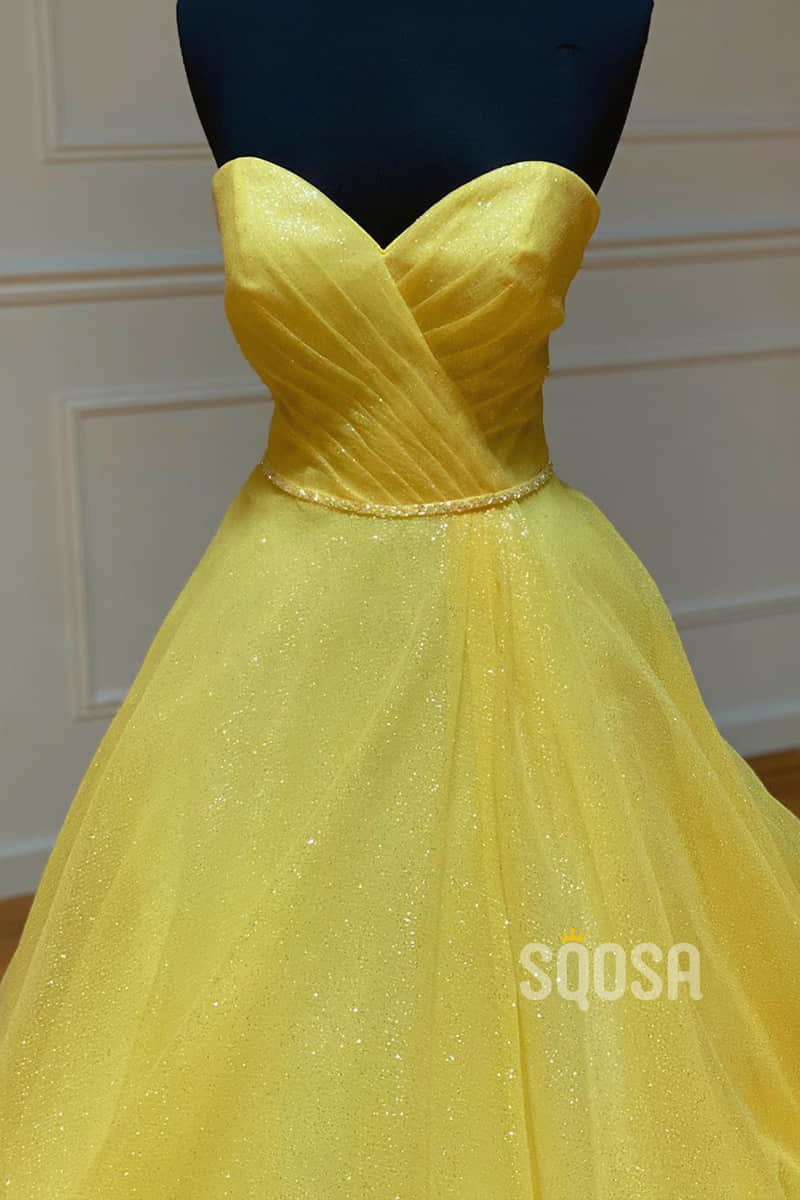 Ball Gown Sweetheart Yellow Tulle Pleat Long Senior Prom Dress Pageant Dress QP2206|SQOSA