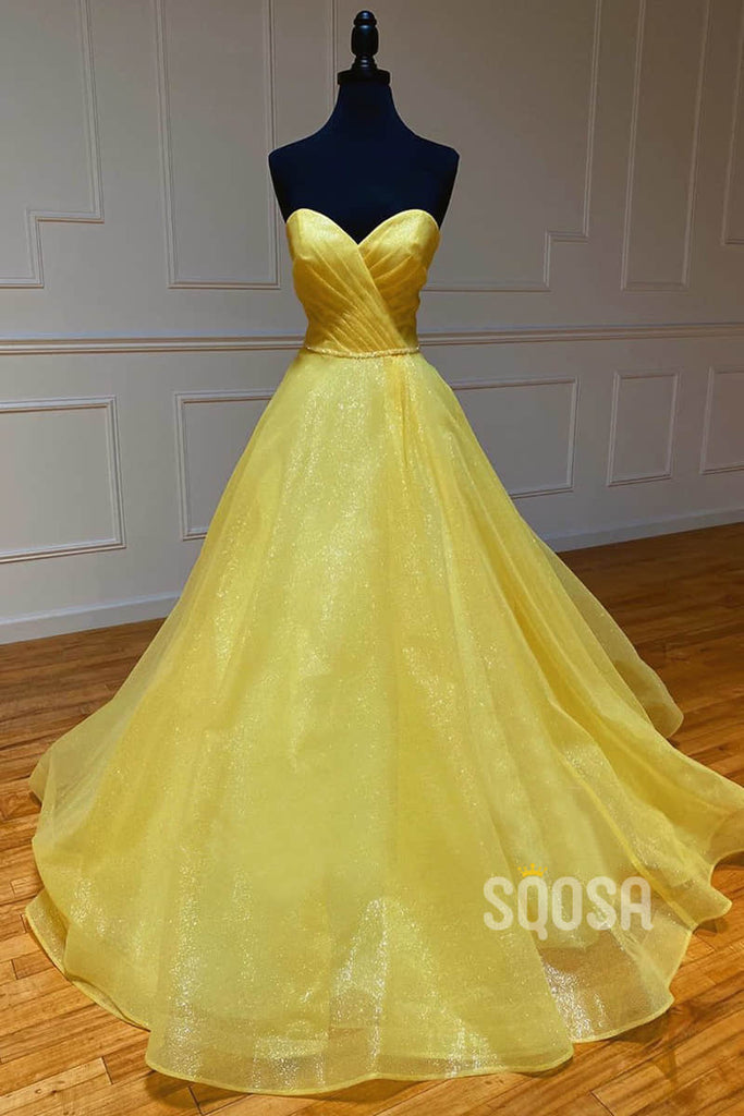Ball Gown Sweetheart Yellow Tulle Pleat Long Senior Prom Dress Pageant Dress QP2206|SQOSA