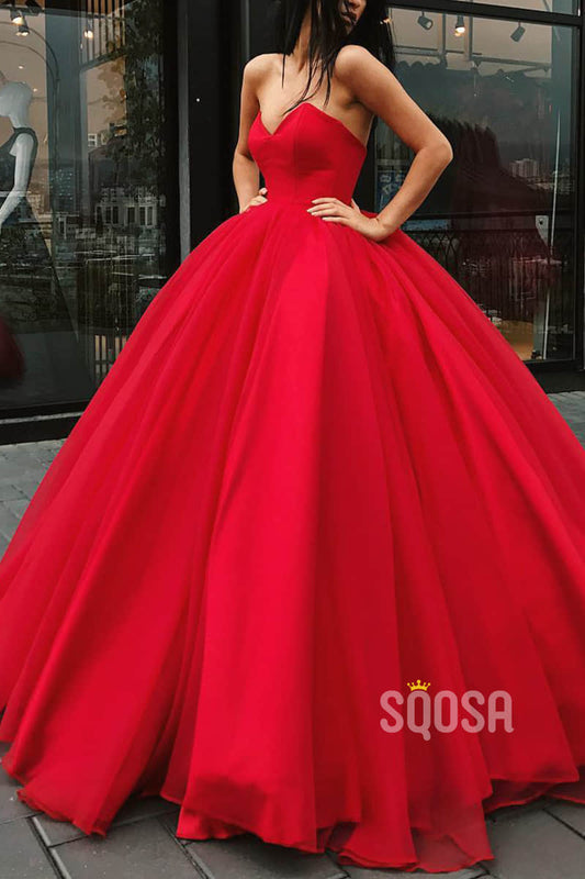 Ball Gown Red Tulle V-neck Long Prom Dress Formal Evening Gowns QP2210|SQOSA