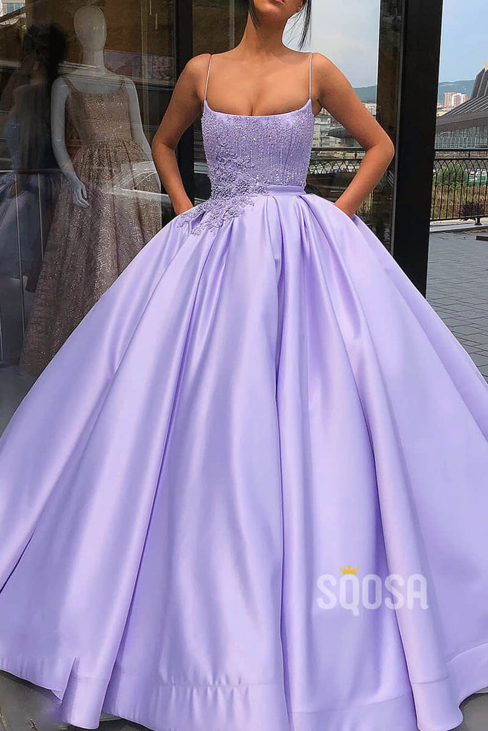 Ball Gown Lilac Satin Appliques Chic Scoop Long Prom Dress Formal Evening Gowns QP2213|SQOSA