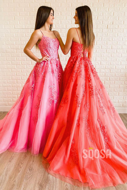A-line Spaghetti Straps Tulle Appliques Long Senior Prom Dress Formal Evening Gowns QP2233|SQOSA