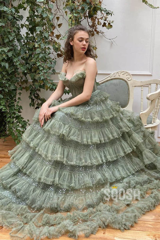 A-line Sweetheart Tulle Tiered Long Senior Formal Evening Gowns Prom Dress QP2234|SQOSA