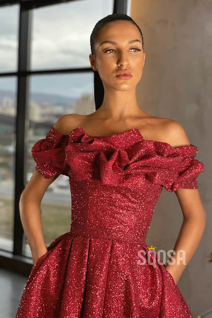 A-line Off-the-Shoulder Burgundy Sparkle Prom Dress with Slit QP2237|SQOSA