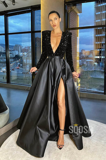A-line Attractive V-neck Sequins Long Sleeves Long Formal Evening Dress with Pockets QP2238|SQOSA