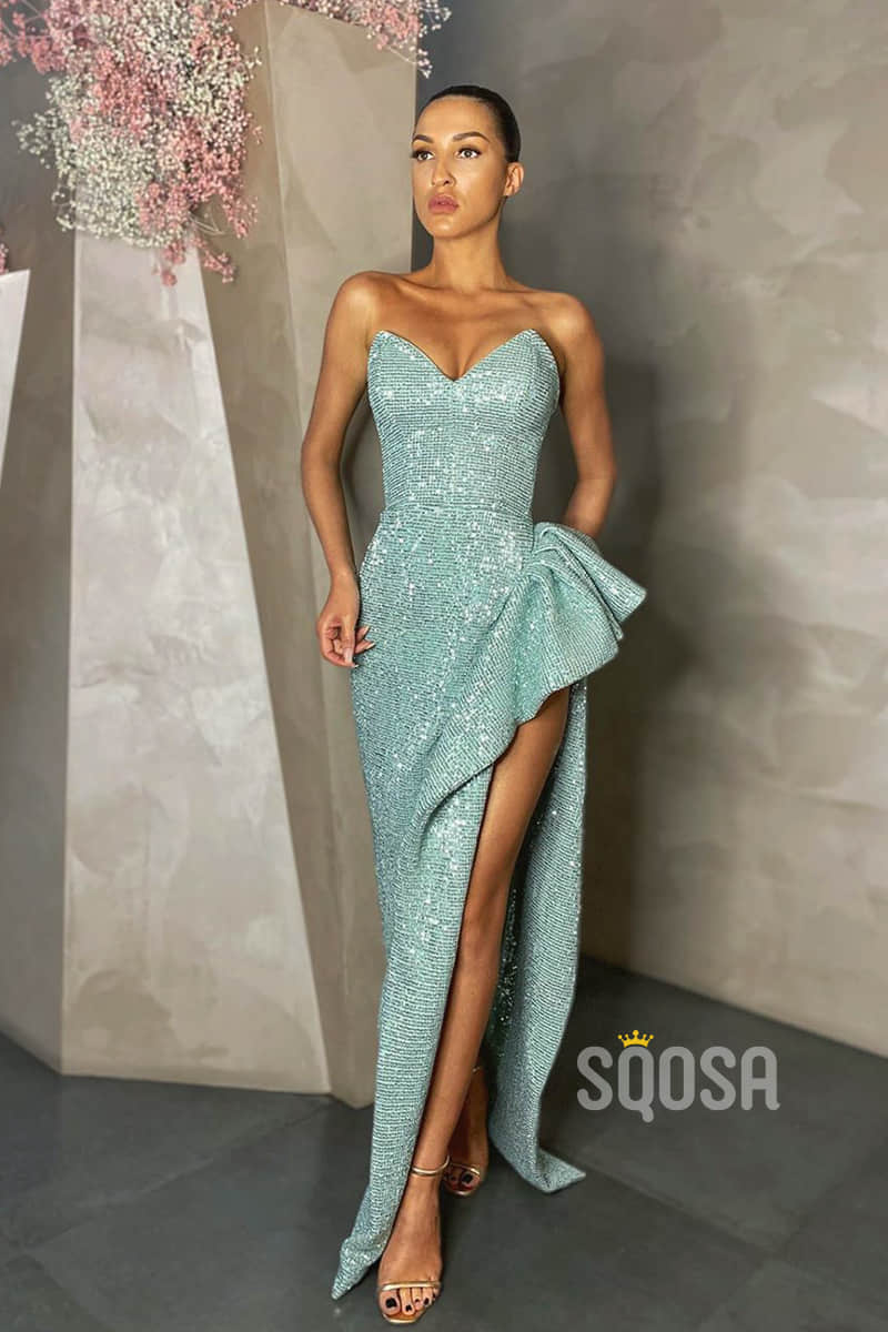Sheath/Column Prom Dress High Split Prom Dress Glitter Formal Evening Gowns QP2240|SQOSA
