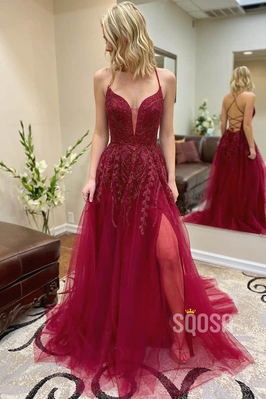 A-line Burgundy Tulle Appliques Long Prom Dress with Slit Pageant Dress QP2245|SQOSA