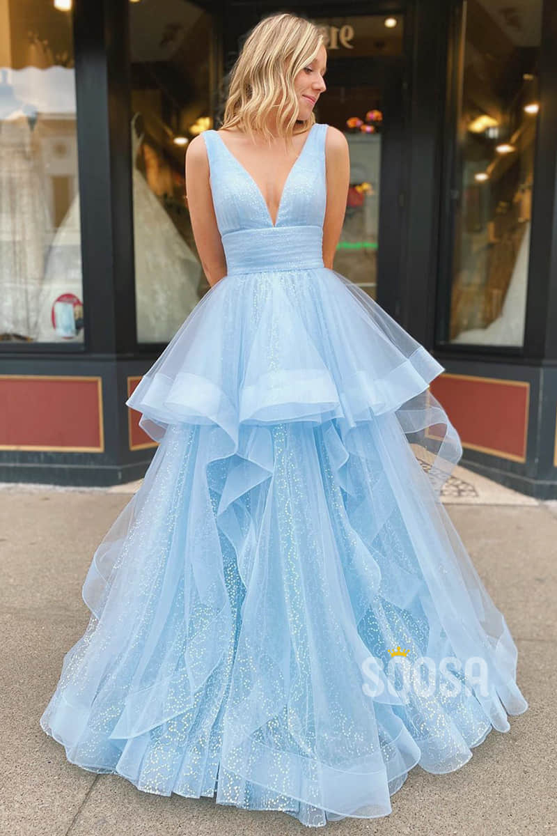 A-line Sky Blue Tulle V-neck Sparkle Prom Dress Pageant Dress QP2253|SQOSA