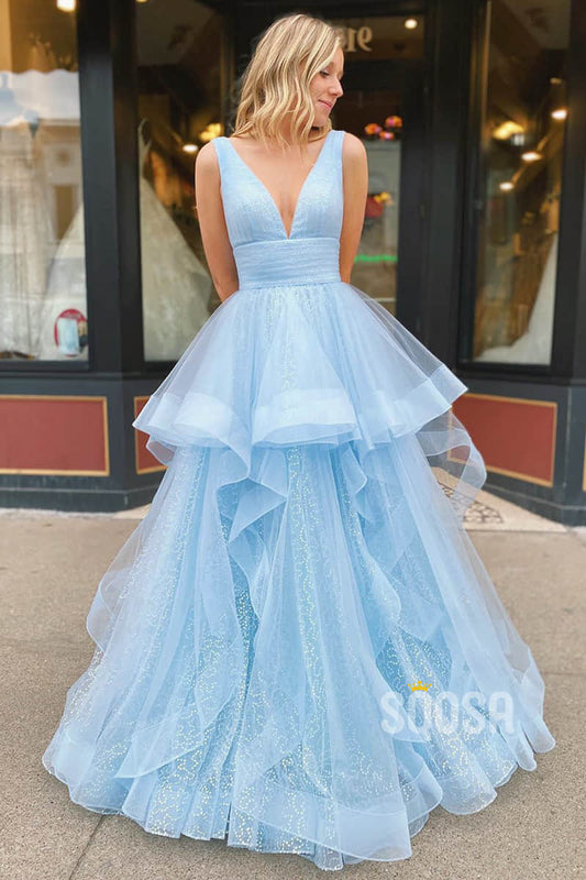 A-line Sky Blue Tulle V-neck Sparkle Prom Dress Pageant Dress QP2253|SQOSA