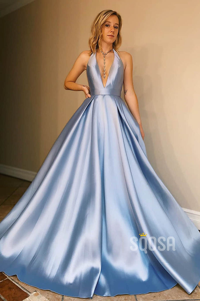 A-line Chic Halter Blue Satin Long Simple Prom Dress Backless QP2254|SQOSA