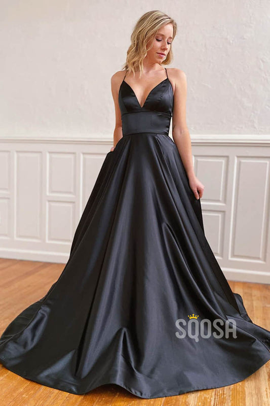 A-line Black Satin V-neck Long Simple Prom Dress with Pockets Formal Evening Gowns QP2255|SQOSA