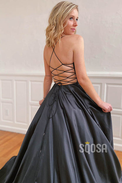 A-line Black Satin V-neck Long Simple Prom Dress with Pockets Formal Evening Gowns QP2255|SQOSA