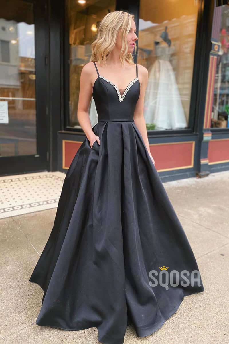 A-line Black Satin V-neck Beaded Long Prom Dress with Pockets Pageant Dress QP2256|SQOSA