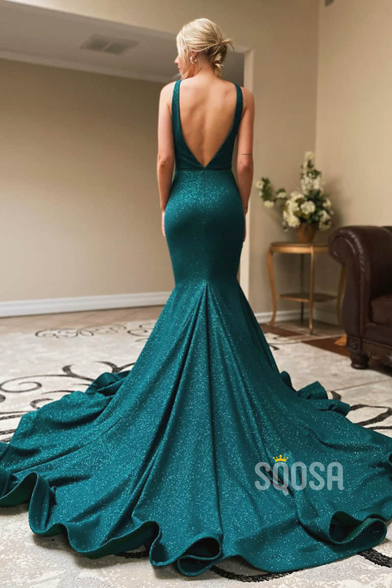 Mermaid Prom Dress Attractive V-neck High Split Pageant Dress Glitter QP2258|SQOSA