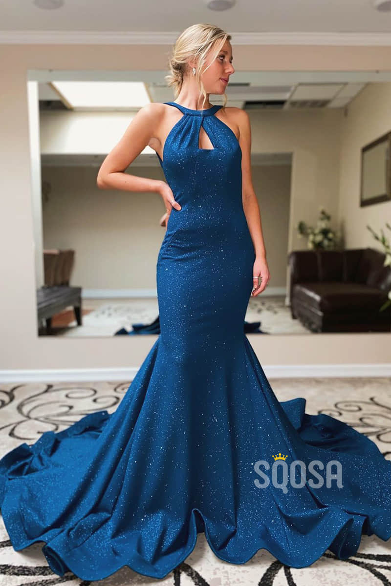 Mermaid Prom Dress Chic Bateau Royal Blue Sparkly Pageant Dress Backless QP2259|SQOSA