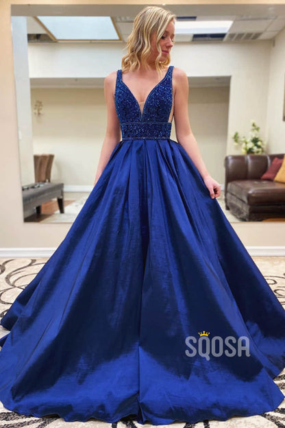 A-line Royal Blue Satin Beaded Long Prom Dress Pageant Dress QP2261|SQOSA