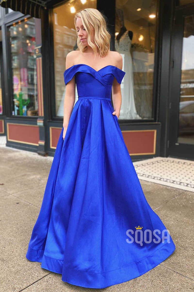 A-line Royal Blue Satin Off-the-Shoulder Simple Prom Dress Formal Evening Gowns QP2262|SQOSA