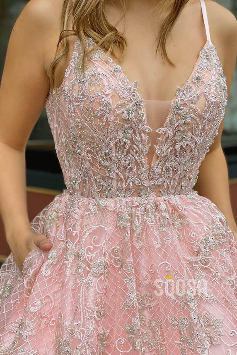 A-line Spaghetti Straps V-neck Pink Lace Appliques Long Senior Prom Dress Pageant Dress QP2266|SQOSA