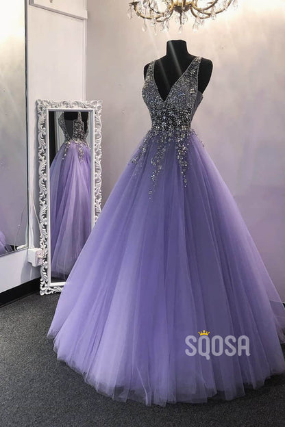 Purple Tulle Prom Gown with Beads A-line Long Homecoming Dance Party  Dresses - AliExpress