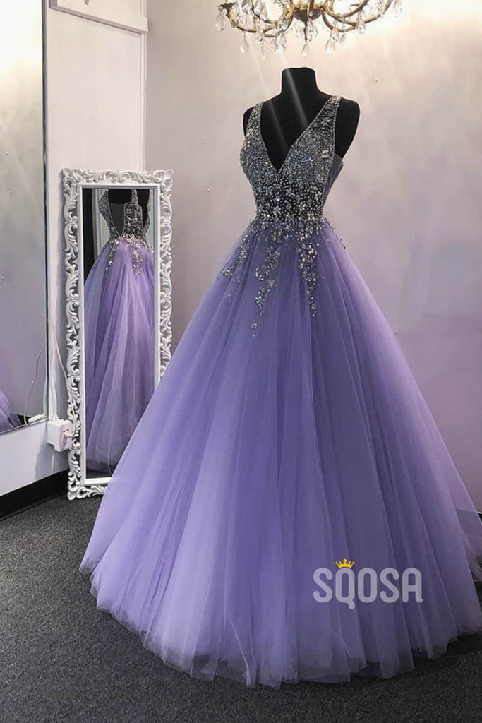 A-line Purple Tulle Beaded Long Prom Dress Formal Evening Gowns QP2272|SQOSA