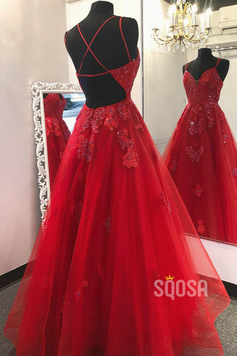 A-line Red Tulle Appliques Long Prom Dress Formal Evening Gowns QP2273|SQOSA