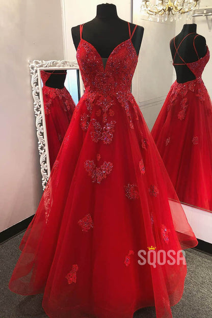 A-line Red Tulle Appliques Long Prom Dress Formal Evening Gowns QP2273|SQOSA