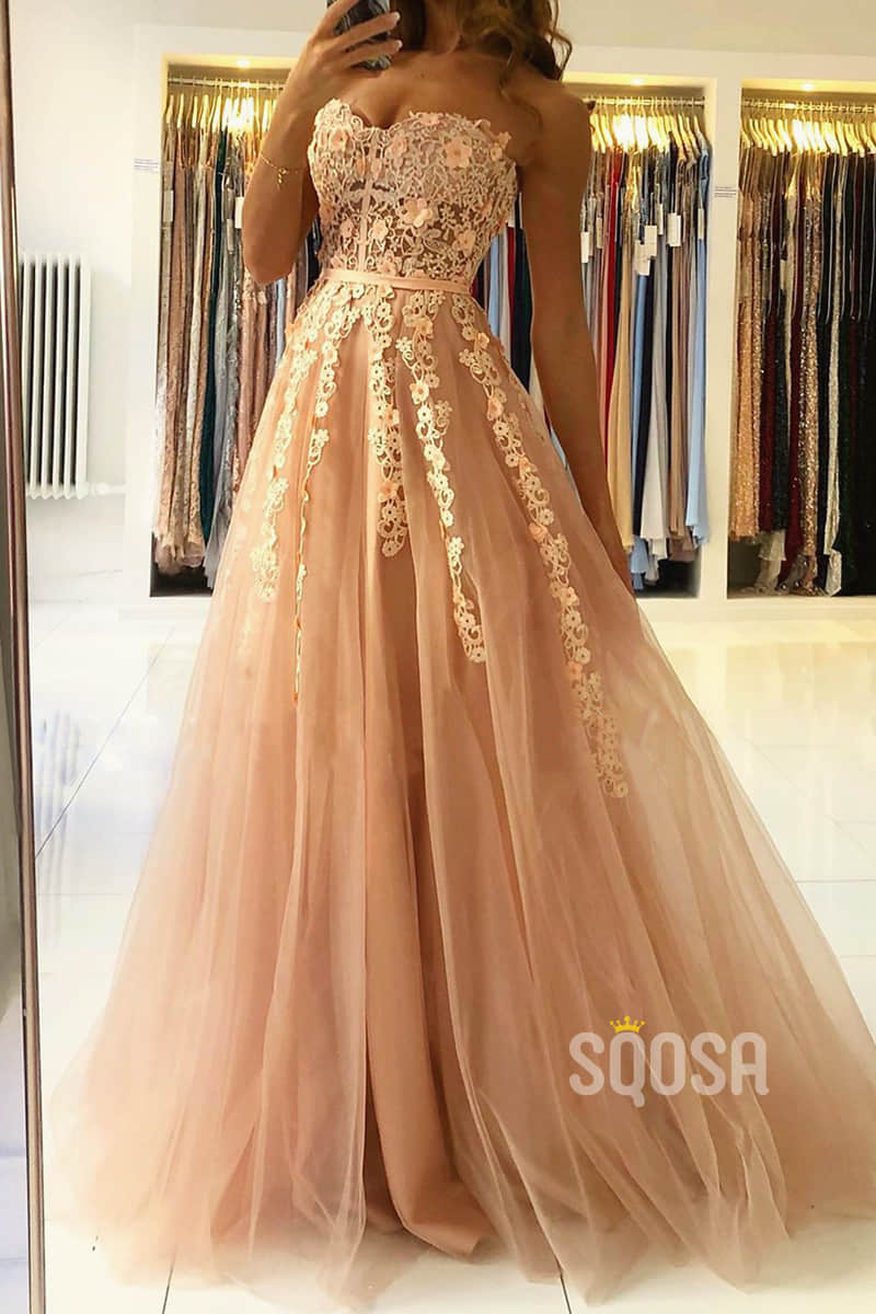 A-line Sweetheart Chic Lace Appliques Long Prom Dress Formal Evening Gowns QP2275|SQOSA