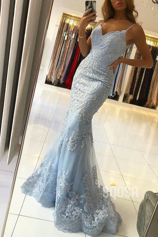 Mermaid Sky Blue Tulle Appliques Long Formal Evening Dress Prom Dress QP2276|SQOSA