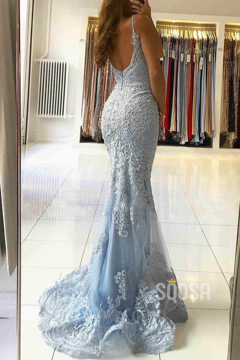 Mermaid Sky Blue Tulle Appliques Long Formal Evening Dress Prom Dress QP2276|SQOSA